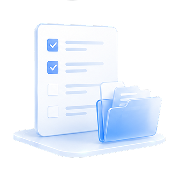Illustration of a document with checkboxes and a blue folder on a light platform.