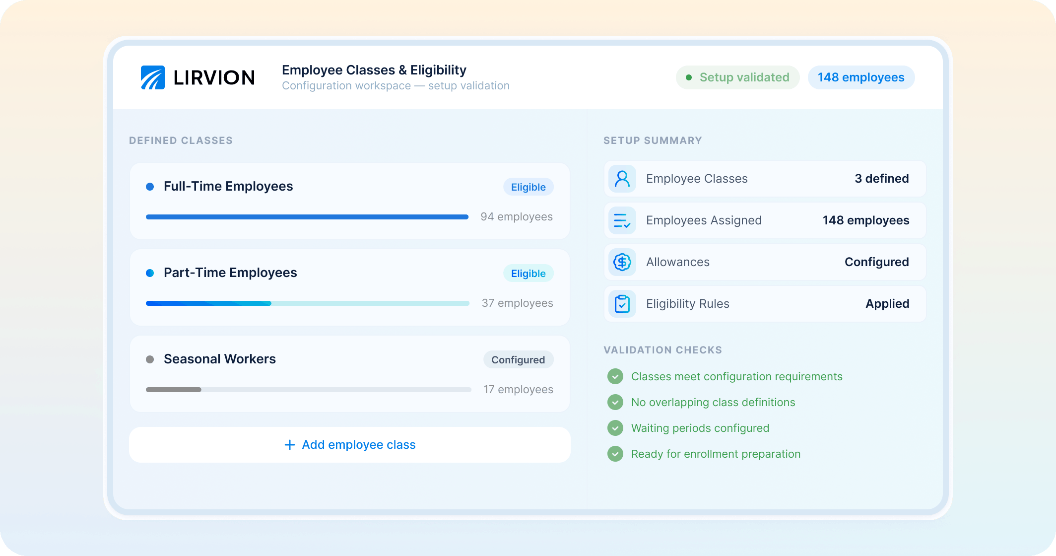 A software interface displaying employee classes and eligibility, with summary details, validation checks, and categories for full-time, part-time, and seasonal workers.