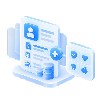 Abstract illustration of digital medical records with icons for money, calendar, and various services like dental and heart health.