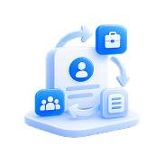 Illustration of an employee card with job and team icons and circular arrows for employment changes