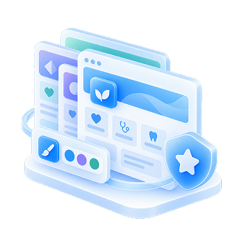 Illustration of a digital interface with multiple layered screens, including health icons and a shield symbol with a star.