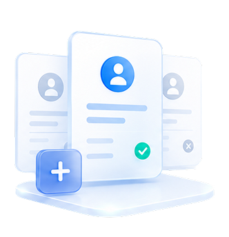 Three stylized user profile cards with icons and check symbols, positioned on a platform; a blue plus icon is in the foreground.