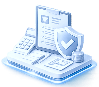 Documents, a calculator, a shield with a checkmark, and coins on a platform, symbolizing security and finance.