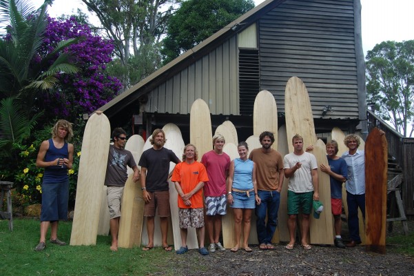 The Present crew: Matt Williams, David Rastovich, Chris Del Moro, Jon Wegener, Harrison Roach, Margie Wegener, Dan Malloy, Thomas Campbell, Tom Wegener, Jacob Stuth in front of my shed.
