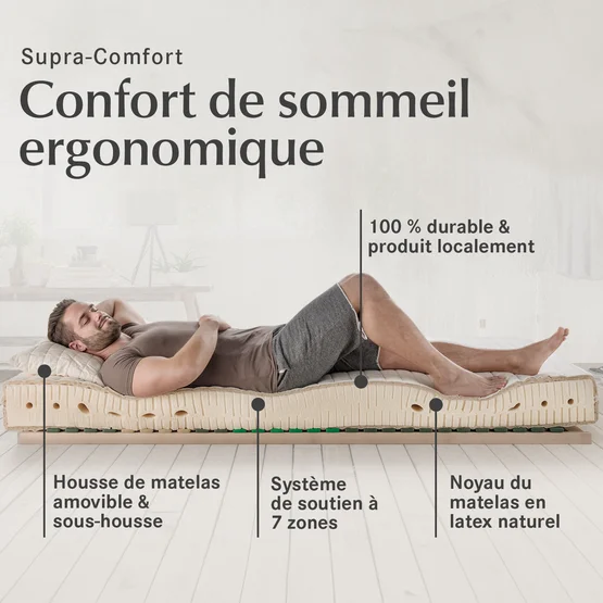 Le matelas en latex naturel Supra-Comfort d'allnatura offre un confort de sommeil ergonomique et une élasticité ponctuelle