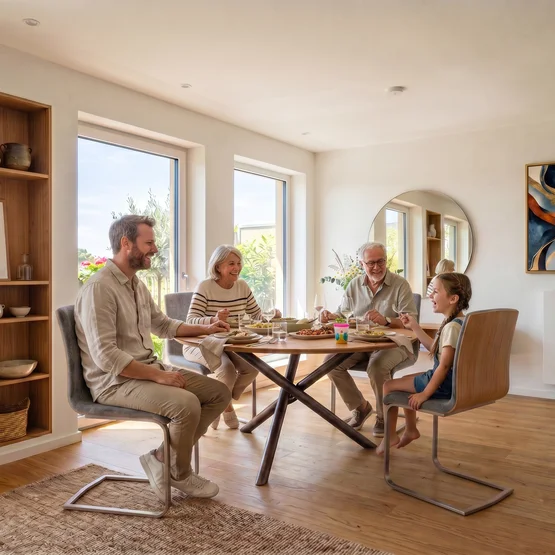 Esstisch "Aresina rotunda" aus massiver Wildeiche und transparentem Harz