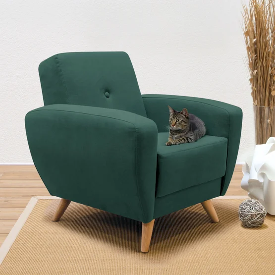 Sessel "Deria" met retro-charme en houten poten. Compact, gezellig en perfect als enkel stuk of bij de sofa-serie