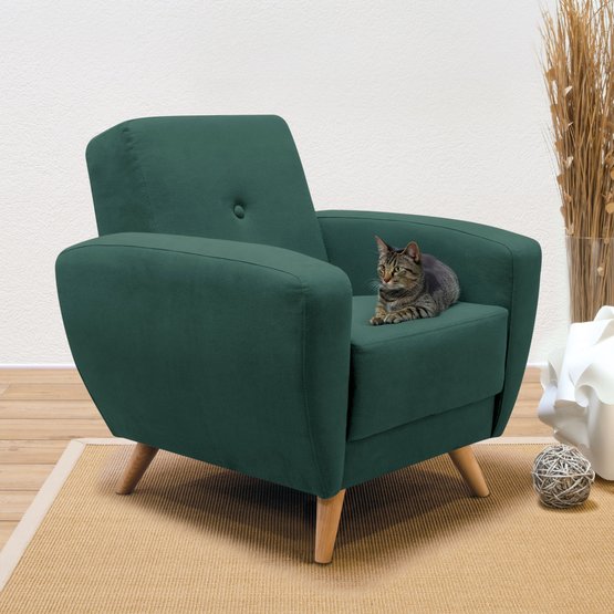 Sessel Deria mit Retro-Charme und Holzfüßen. Kompakt, gemütlich und perfekt als Einzelstück oder zur Sofaserie
