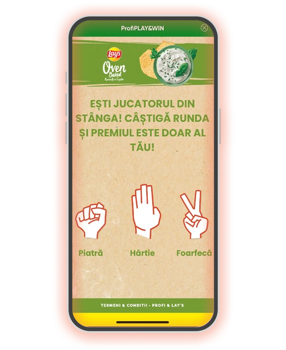 Profi Play & Win rock, paper, scissors game sponsored by Lay's in the Profi app