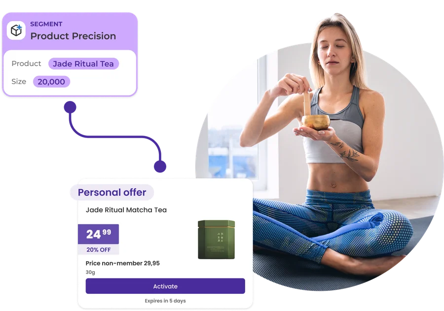 Product Precision building a segment of 20,000 for one product, and the personal offer the member receives at 20% off, priced €24.99 against a non-member price of €29.95