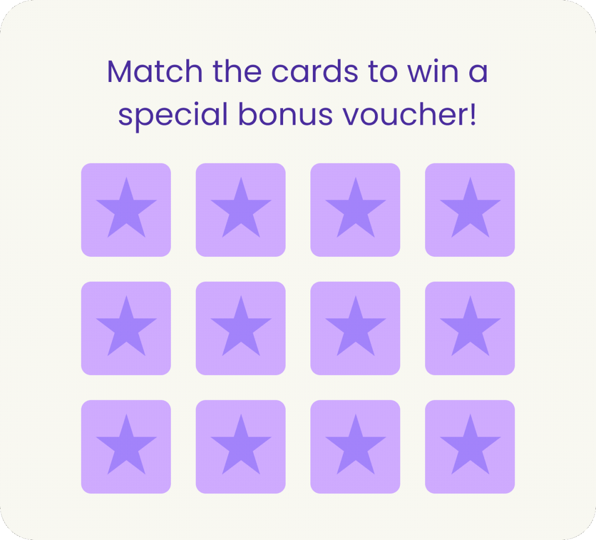 An in-app matching game reading 'Match the cards to win a special bonus voucher', with twelve face-down cards