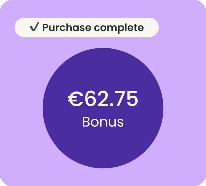 A purchase completes and the member's bonus balance updates to €62.75