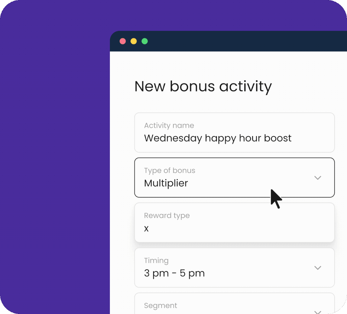 Creating a new bonus activity named 'Wednesday happy hour boost', with the bonus type set to multiplier and timing set to 3 pm to 5 pm