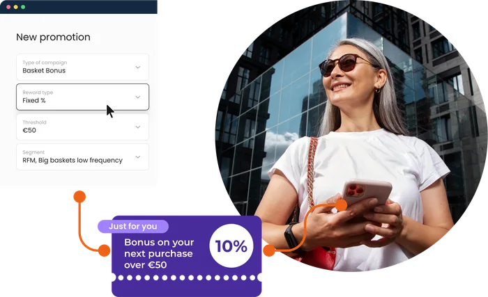 Lobyco Nexus campaign builder creating a Basket Bonus reward, beside the personalised bonus offer a member sees in the app