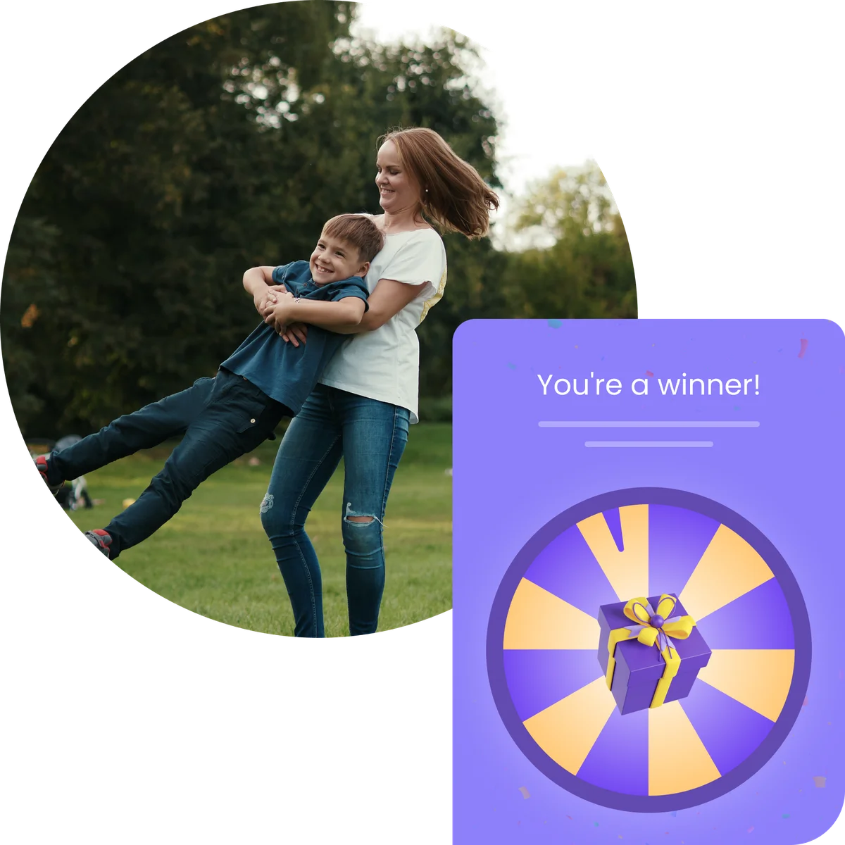 A parent swinging a child outdoors, beside a prize wheel card reading 'You're a winner!'
