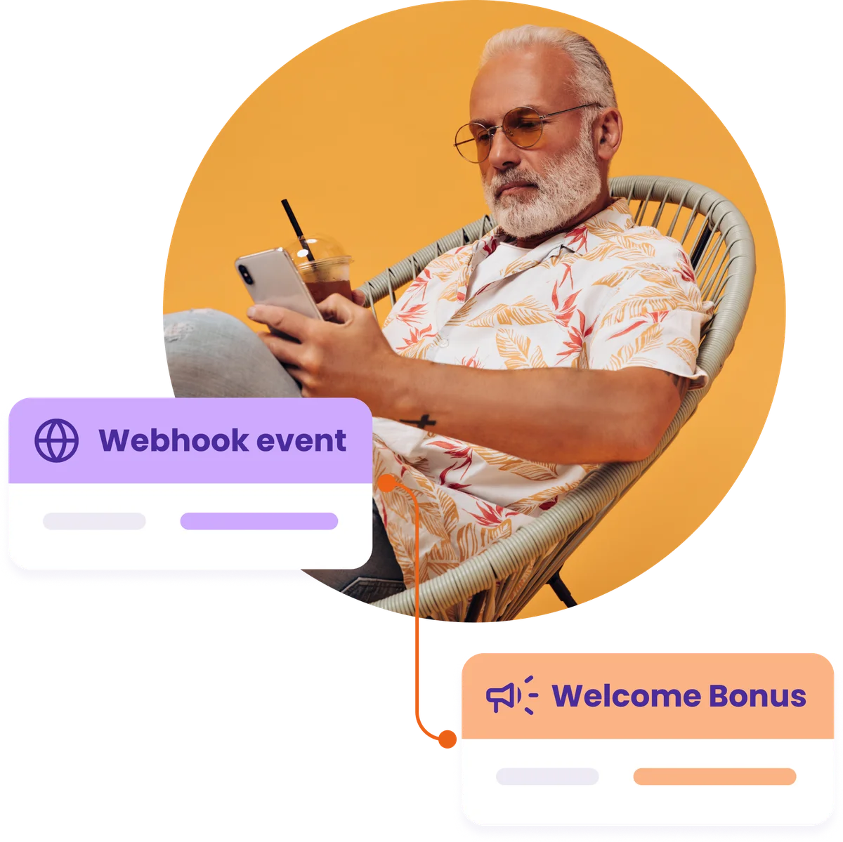 A member using a phone, with a webhook event connected to a welcome bonus activity