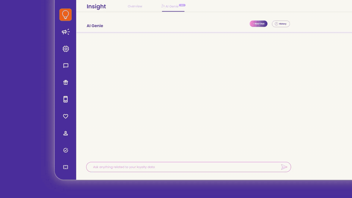 The AI Genie tab inside Lobyco Insight, with an empty prompt reading 'Ask anything related to your loyalty data'