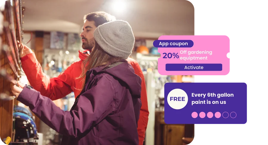 Shoppers in a hardware store beside an app coupon for 20% off gardening equipment and a stamp card reading 'every 6th gallon paint is on us'
