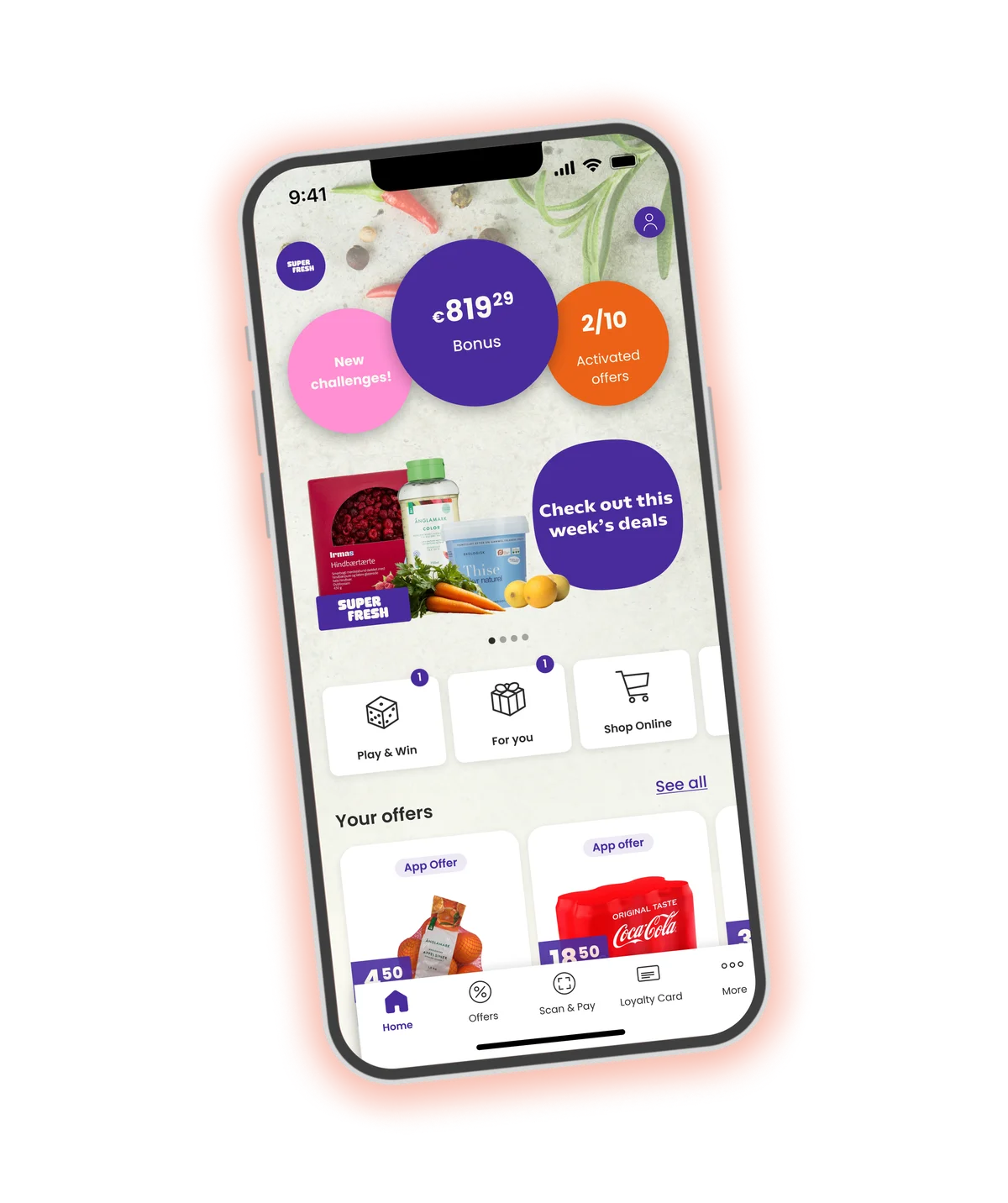 A branded loyalty app home screen showing a bonus balance of €819.26, two of ten activated offers, new challenges, this week's deals, and play and win, your offers and shop online shortcuts