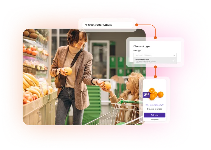 Creating an offer activity with the discount type set to product discount, and the resulting coffee offer shown in the member app