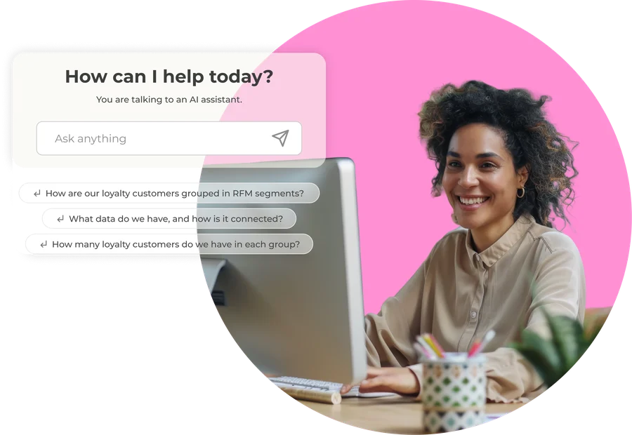AI Genie asking 'How can I help today? You are talking to an AI assistant', with suggested questions: how are our loyalty customers grouped in RFM segments, what data do we have and how is it connected, and how many loyalty customers do we have in each group