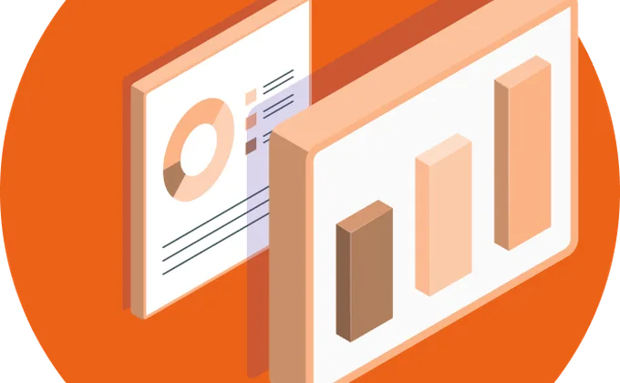 Isometric illustration of a report page and a bar chart