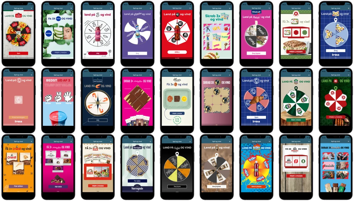 Grid of Coop Denmark game screens, including spin-to-win wheels, scratch cards and puzzles