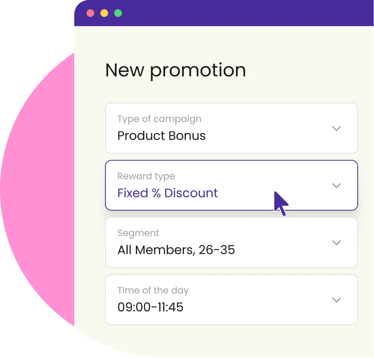 Creating a new Product Bonus promotion in Lobyco Nexus with a fixed percentage discount, targeted at members aged 26 to 35
