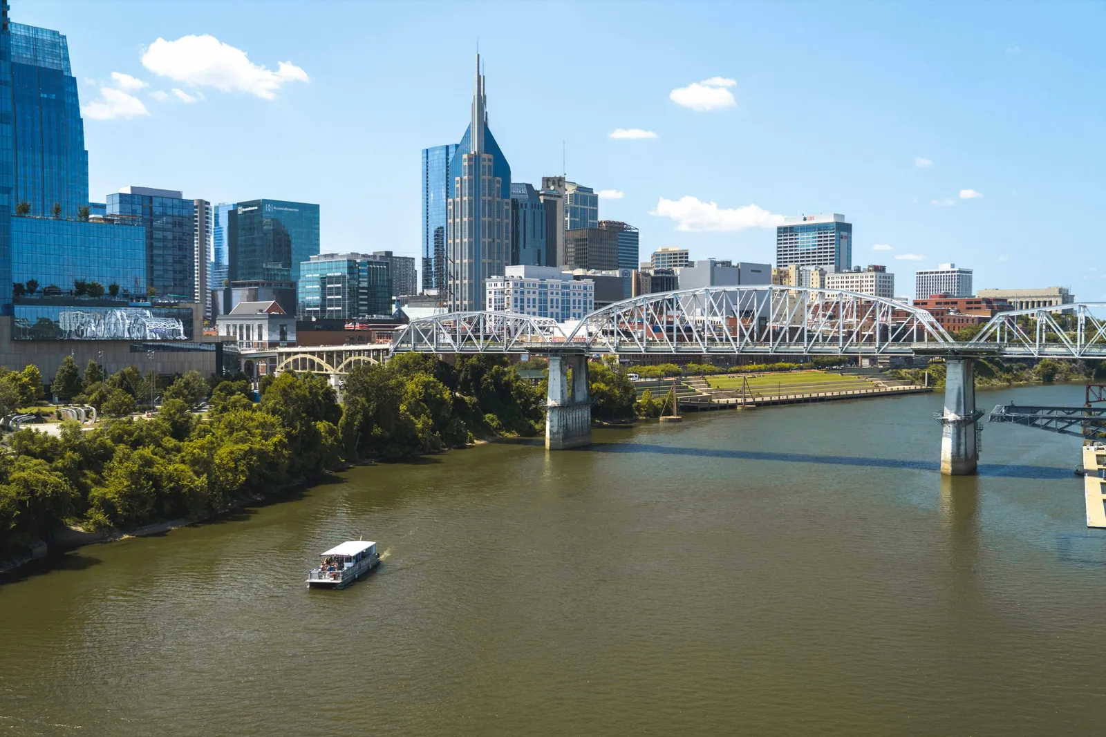 The Nashville skyline and the pedestrian bridge over the Cumberland River.