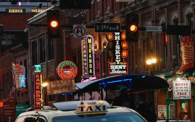 A taxi on Lower Broadway under the neon, Nashville.