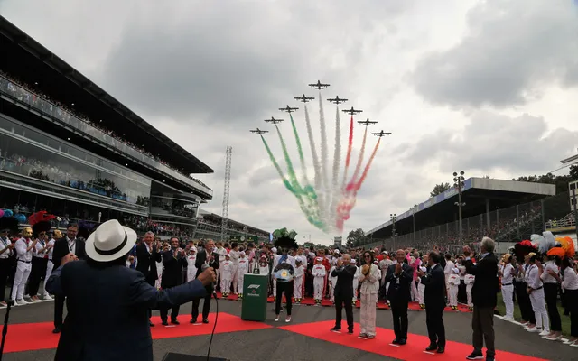 The Frecce Tricolori over the Monza grid.