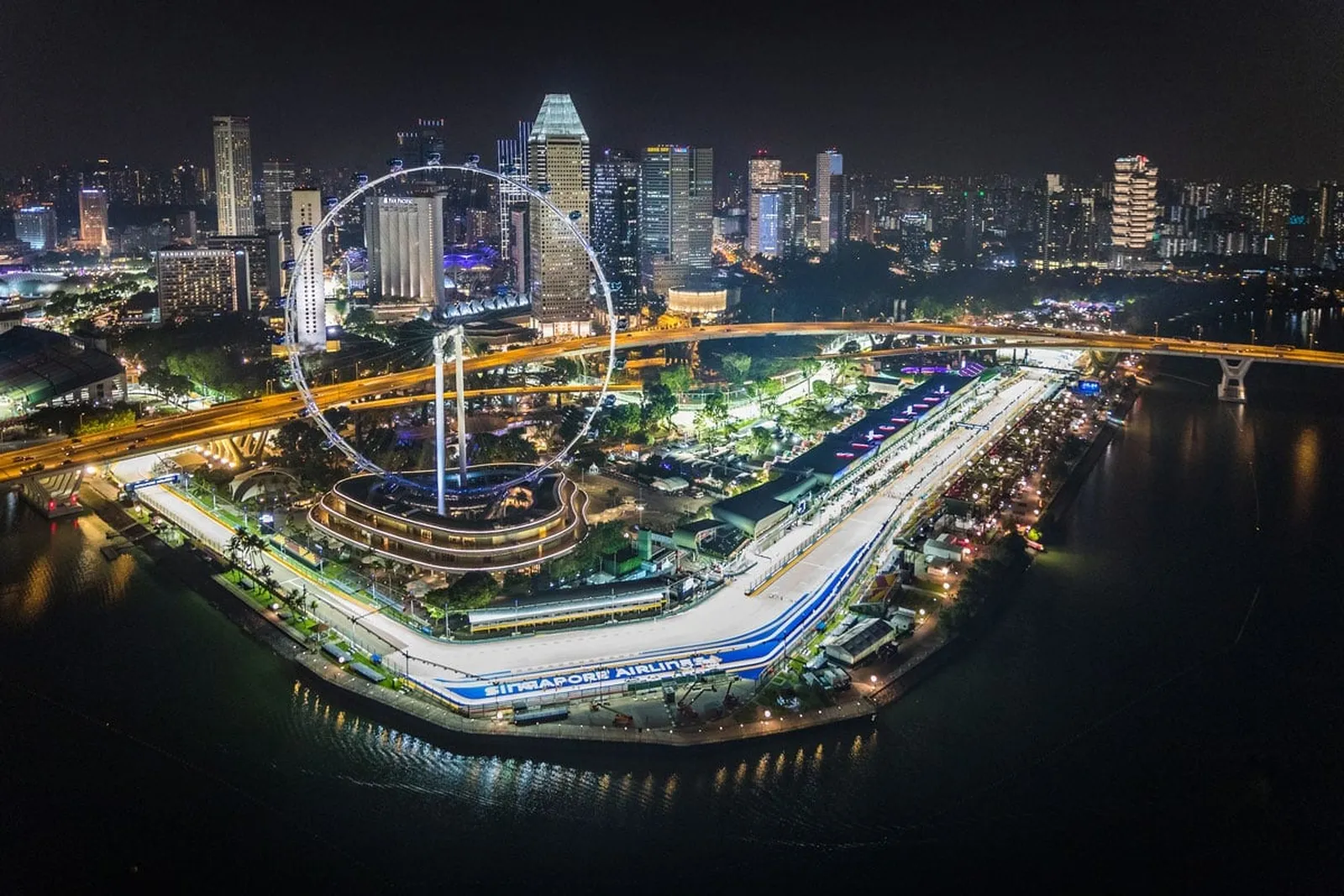 The Marina Bay street circuit under lights.