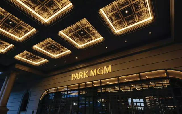 The Park MGM entrance at night.