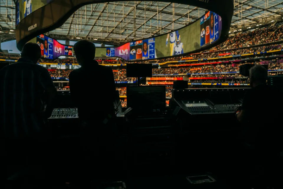 Inside SoFi Stadium at Super Bowl LVI, under the Infinity Screen