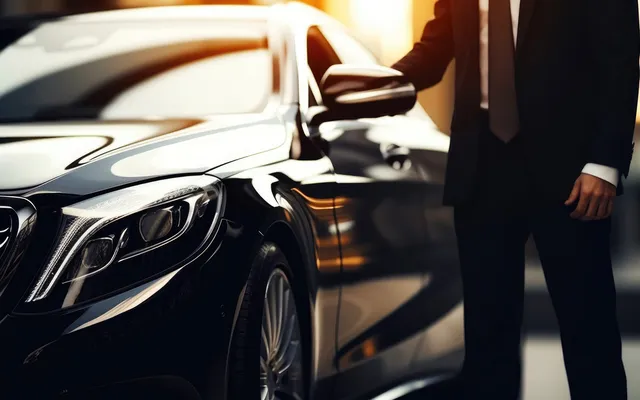 A chauffeur holds the door of a waiting car.