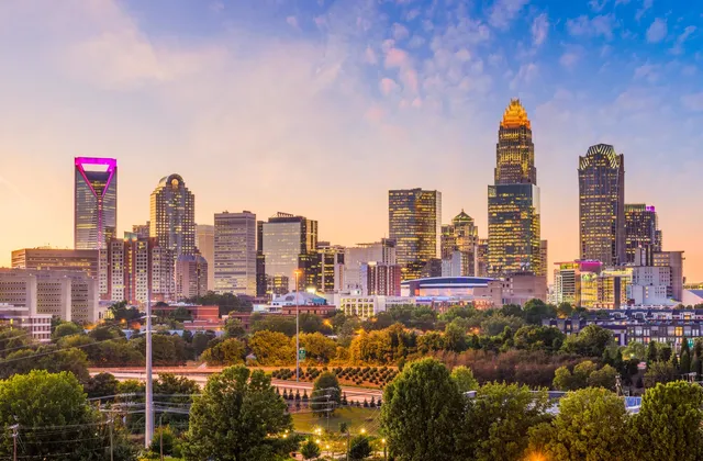 The Charlotte skyline at sunset