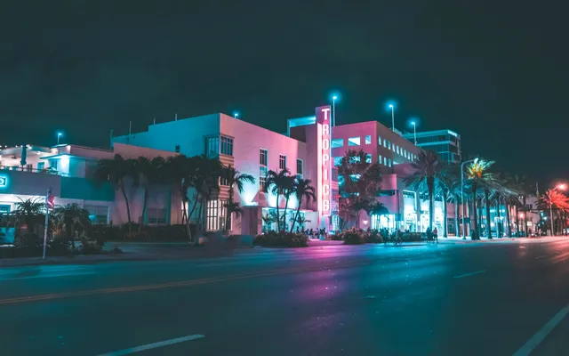 A Miami street in neon at night.