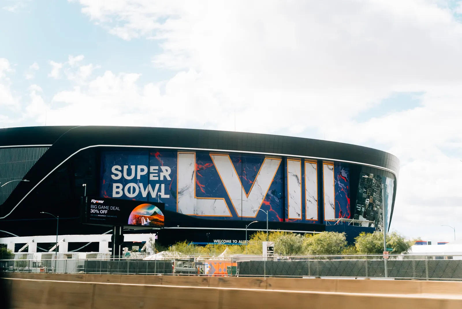 Allegiant Stadium dressed for Super Bowl LVIII.