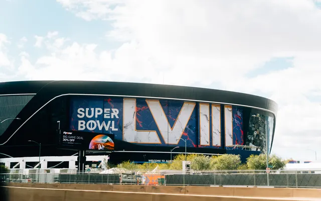 Allegiant Stadium dressed for Super Bowl LVIII.