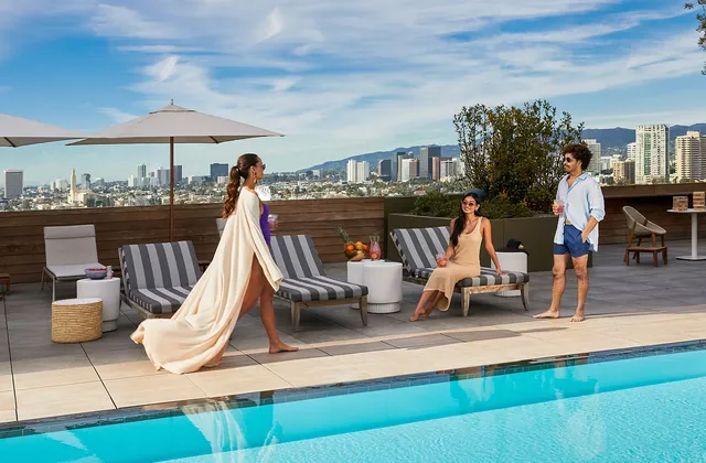 The rooftop pool at the Fairmont Century Plaza, the city beyond.
