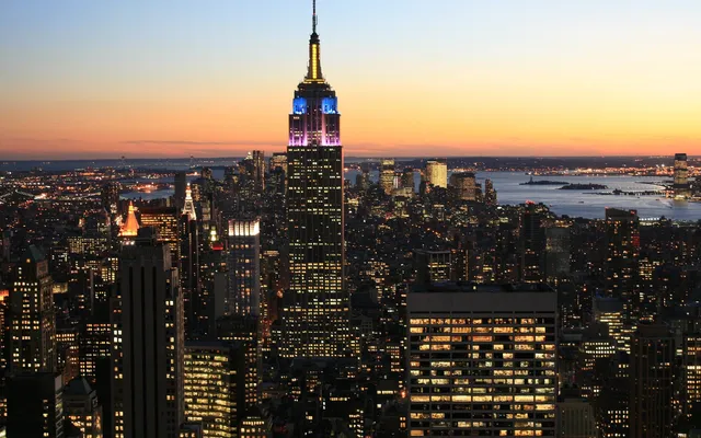 The New York skyline at dusk.