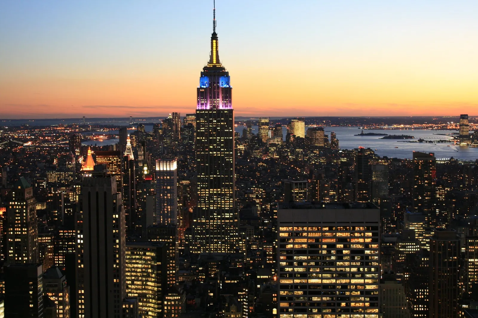 The Manhattan skyline at dusk.