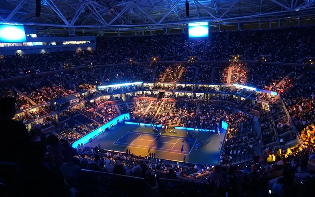 Arthur Ashe Stadium under the lights.
