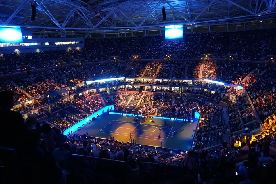 Arthur Ashe Stadium under the lights.