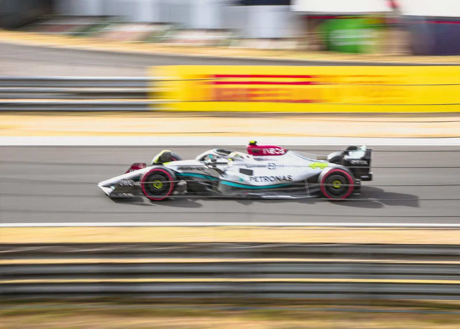 A Formula 1 car at speed at the Hungaroring.