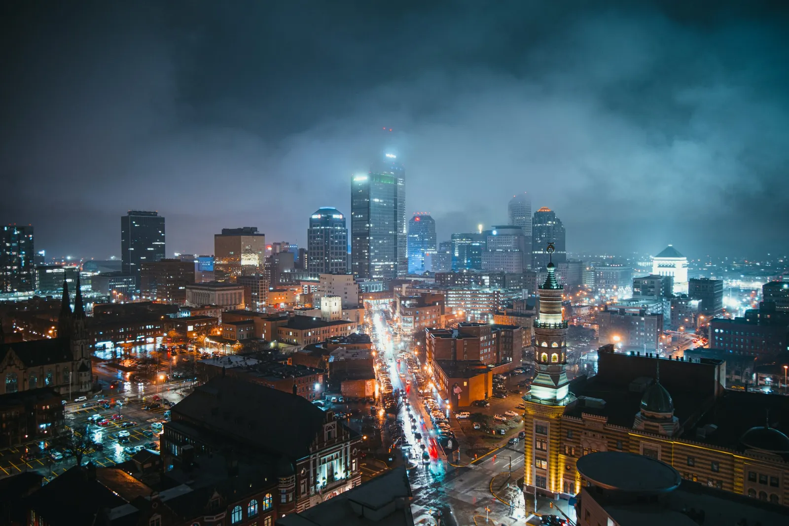 The Indianapolis skyline at night.