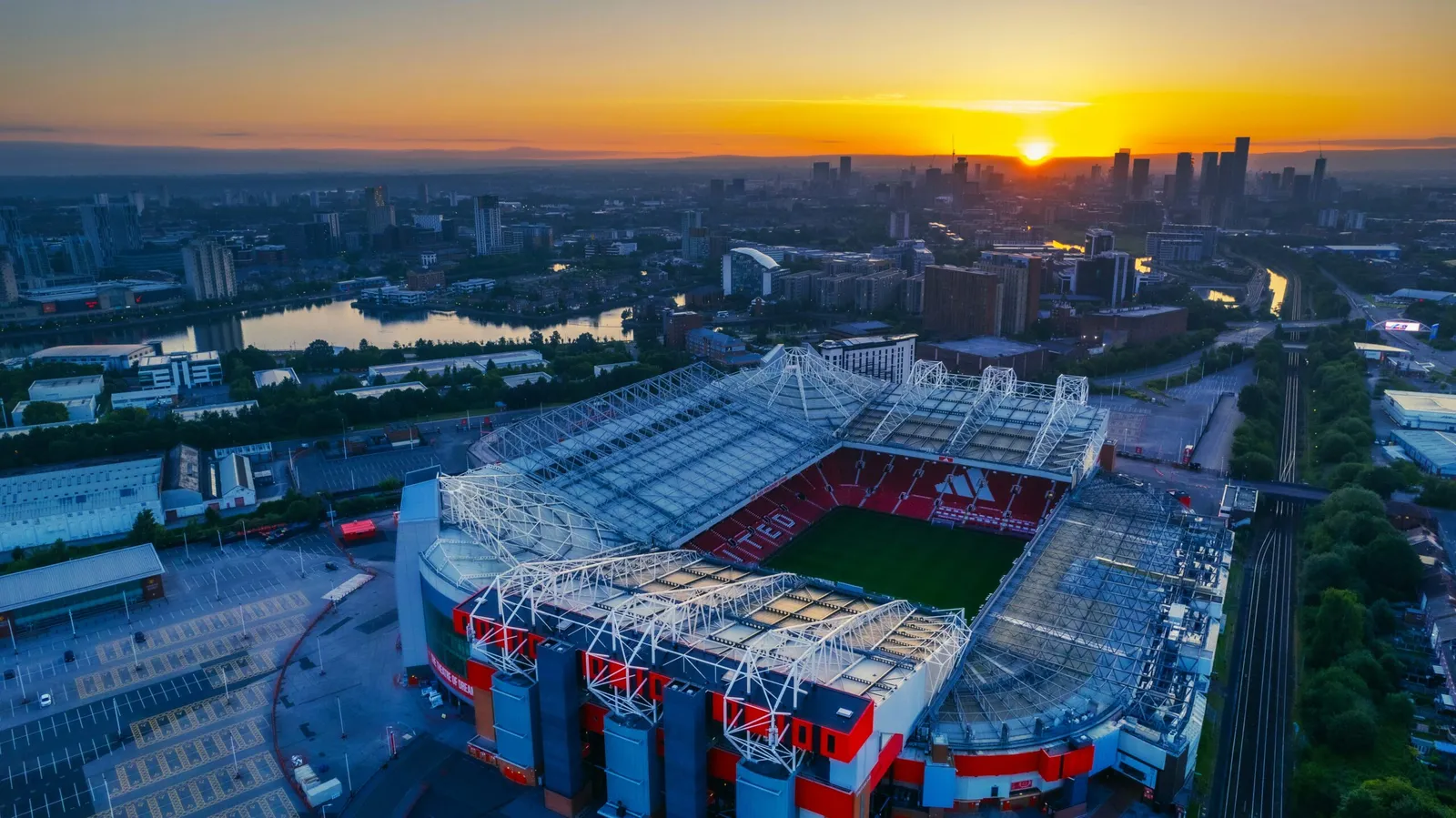 Old Trafford at sunset, from the air.