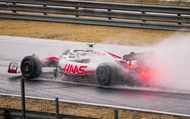 A Haas in the wet at the Hungaroring.