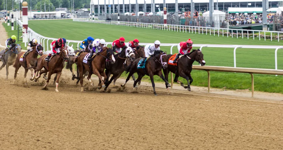 Horses at full stretch along the rail.