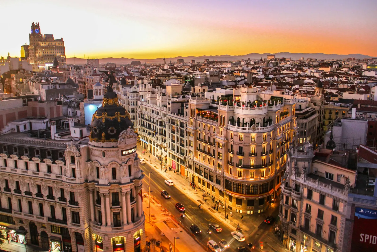 Gran Vía, Madrid, at sunset.